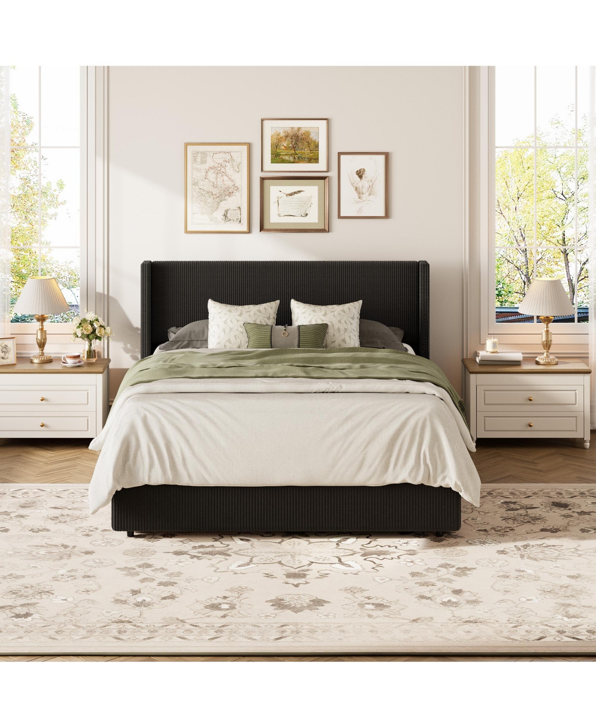 homfan Lift Up Storage Bed, Modern Corduroy Upholstered Platform Bed Frame with Wingback Headboard, Gas Hydraulic Storage