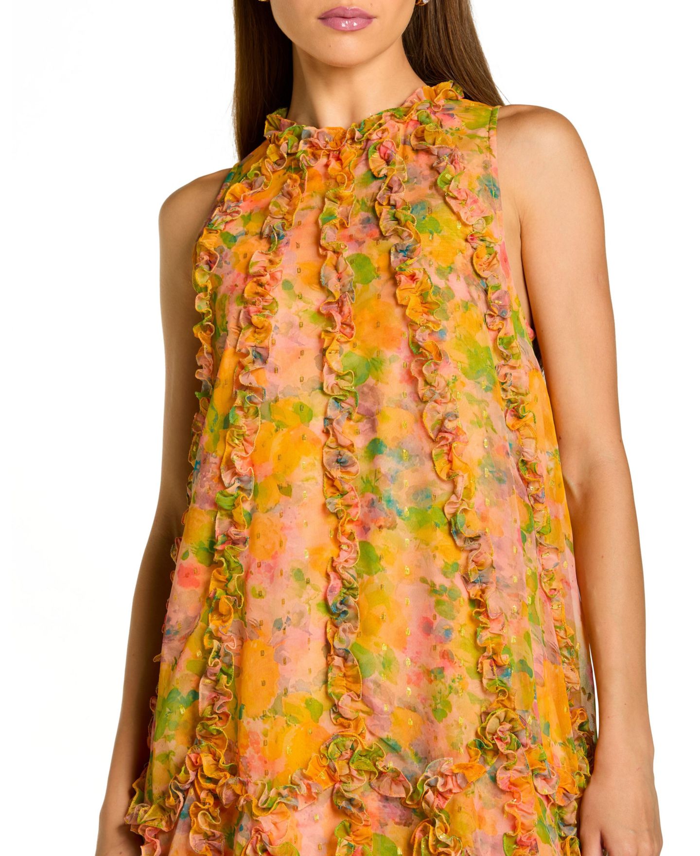 Женское платье Mac Duggal Floral Applique Tiered Ruffle High-Low Midi, цвет: Манговый разноцветный — фото 3