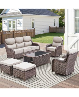6 Pieces Outdoor Furniture Set Wicker Outdoor Sofa with Swivel Rocking Chairs,Patio Ottomans,Outdoor Coffee Table