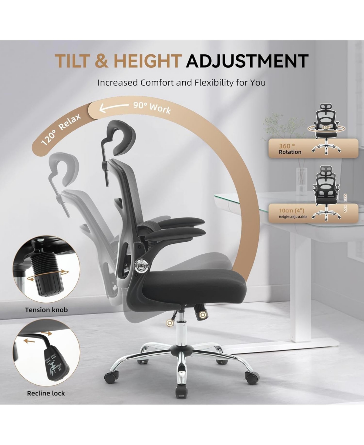 Ergonomic High-Back Mesh Office Chair Adjustable Headrest and Lumbar Support 360degree(s) Swivel Rolling Desk Chair Comfortable Computer Gaming Task