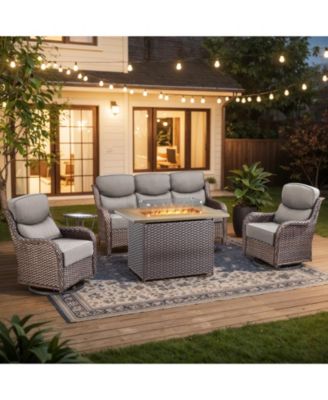 5 Pieces Patio Furniture Set with Fire Pit, Outdoor Wicker Sofa Couch with Swivel Chair, Cushion, High Back All Weather Conversation Set