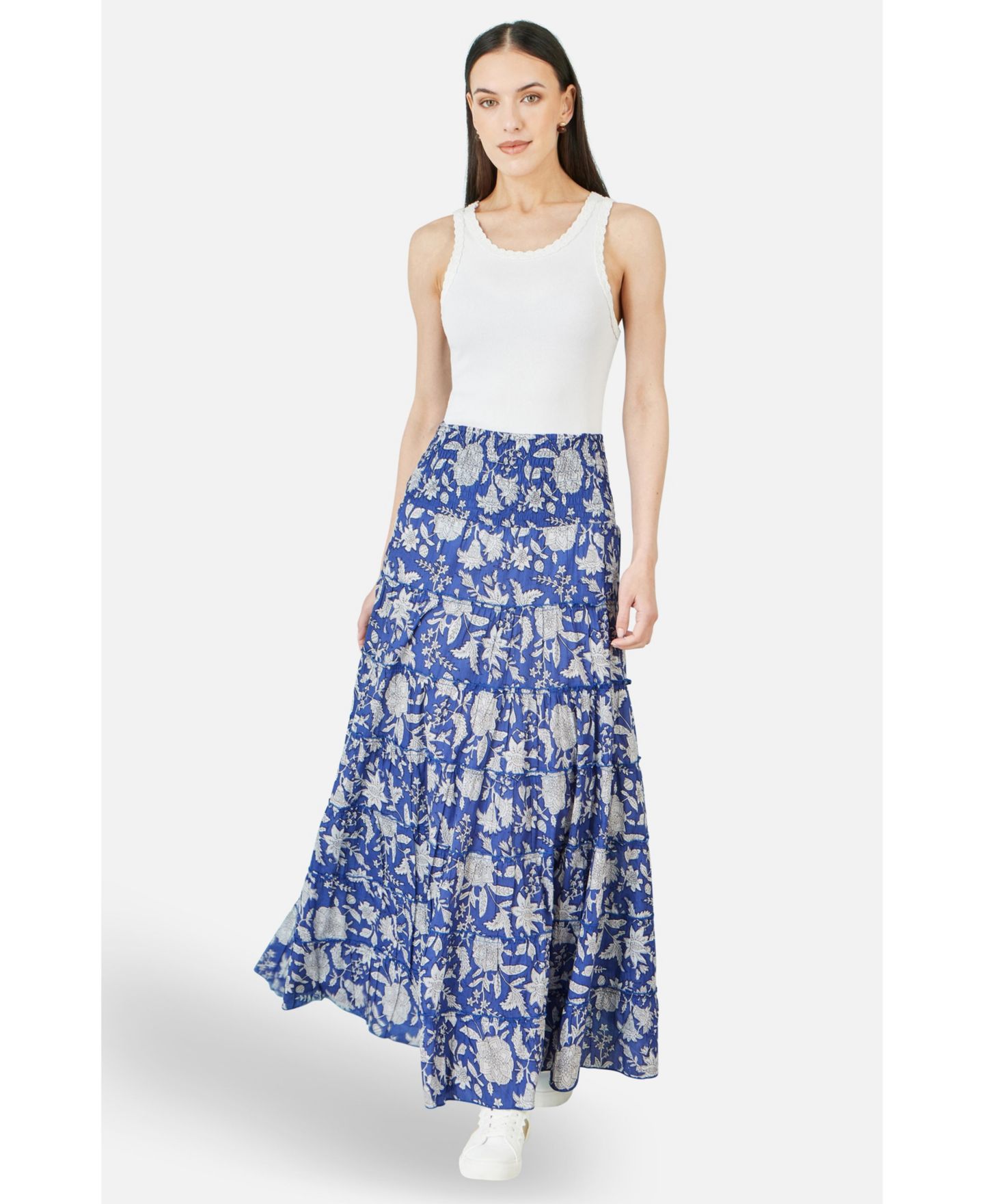 Женская юбка Yumi Floral Cotton Tiered Maxi, цвет: Синий — фото 4