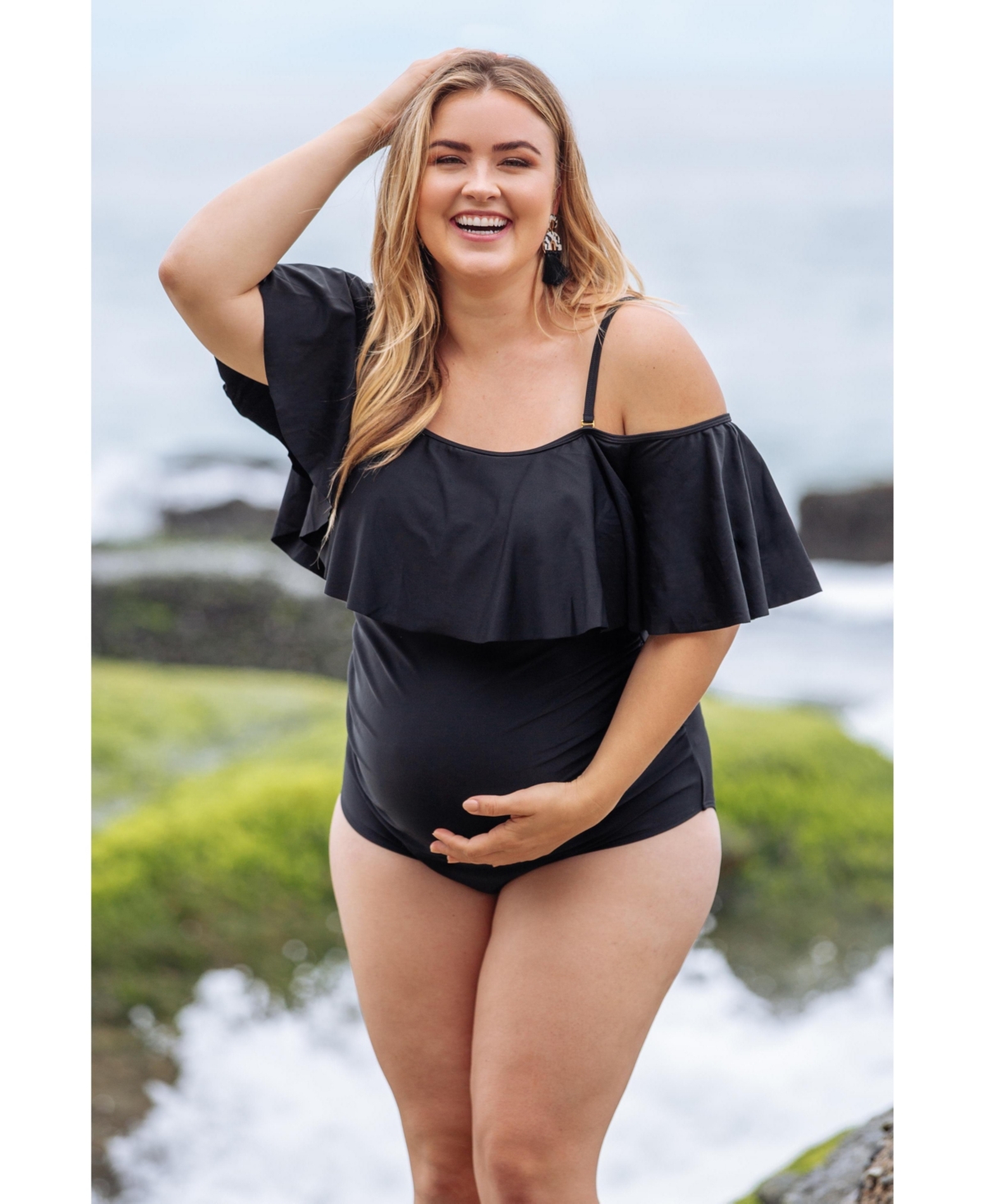 PinkBlush Women's Ruffle Trim Ruched One-Piece Maternity Plus Swimsuit