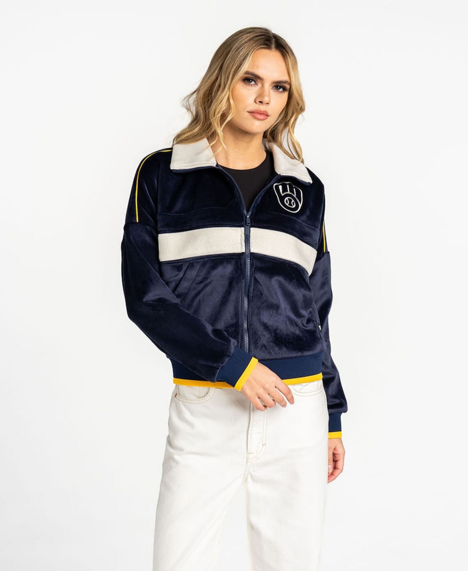 Women's Navy Milwaukee Brewers Velvet Cord Full-Zip Jacket