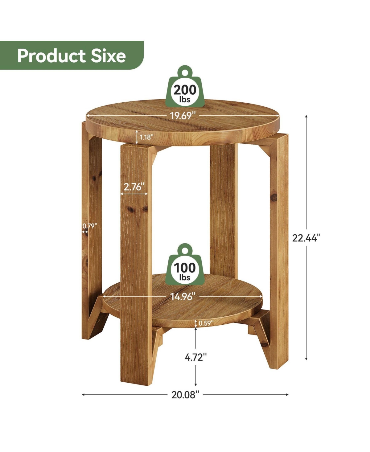 Slickblue 2 Tier Round Sofa Side Table with Storage Shelf Solid Wood Design