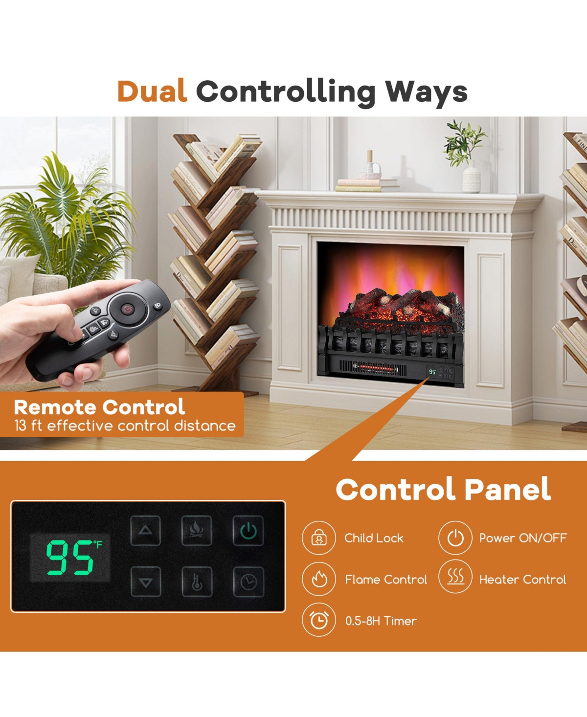 Costway 23" Electric Fireplace Heater Fireplace Logs Inserts Infrared Quartz Heater