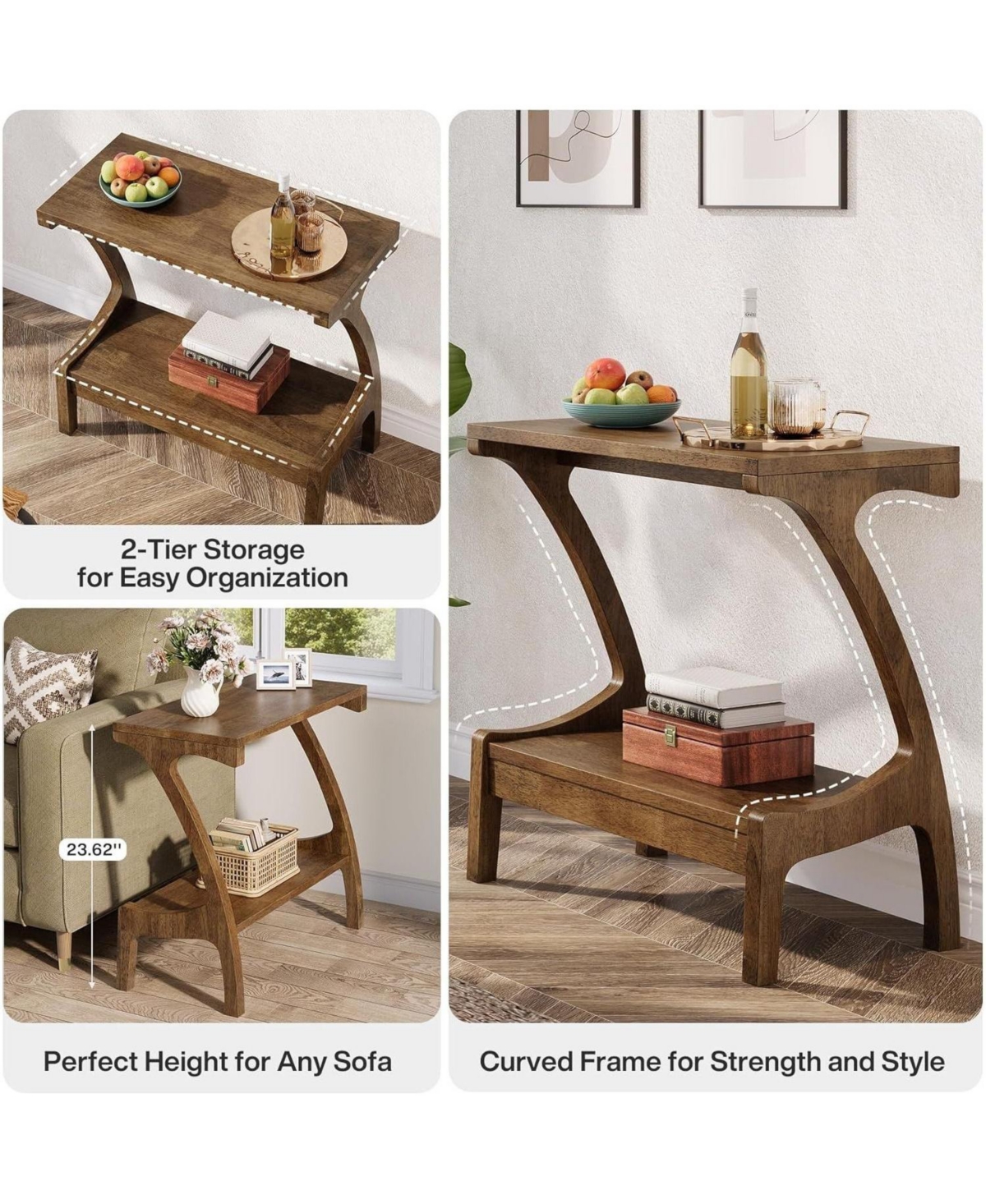 Slickblue Narrow Solid Wood Side Table with Open 2 Tier Storage