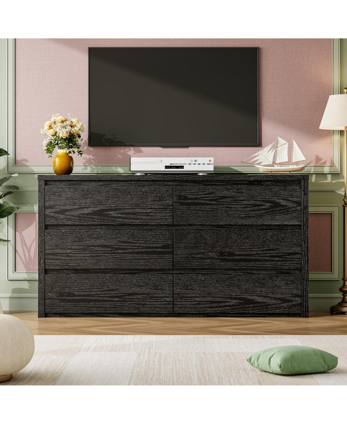 homfan Modern Handle-Free 6 Drawer Dresser for Bedroom - Wide Wooden Chest of Drawers Spacious Storage Cabinet Living Room, Hallway, Entryway