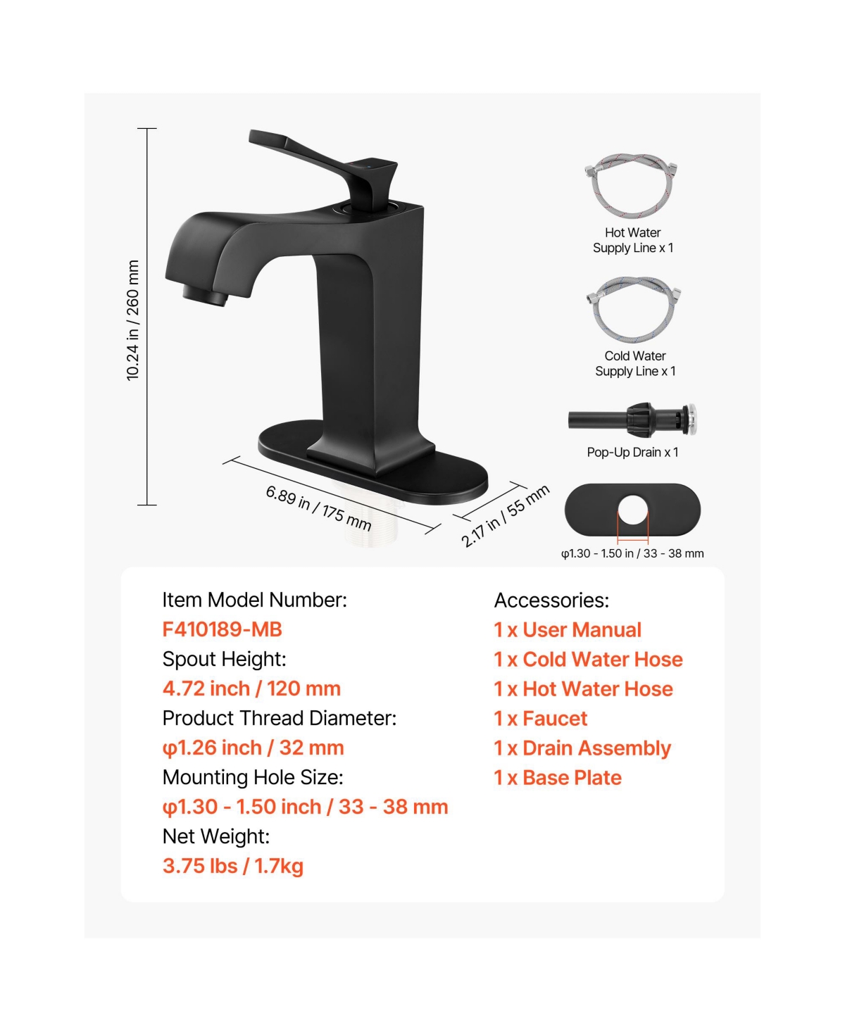 Phying Single Handle Sink Faucet, Kitchen Water Faucets with Push-Button Drain, Suitable for Bathroom