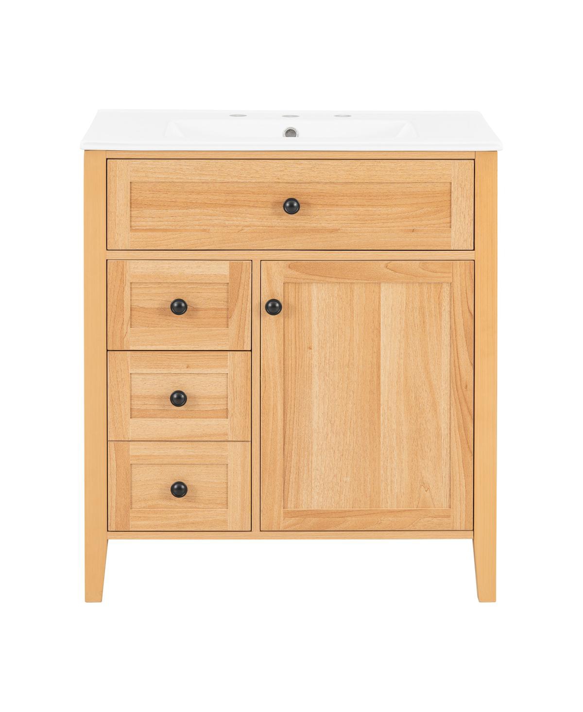 Sillysis 30 Inch Bathroom Vanity with Ceramic Sink, Rustic Wood Grain Cabinet, Soft Close Drawers, Adjustable Storage for Modern Bathrooms