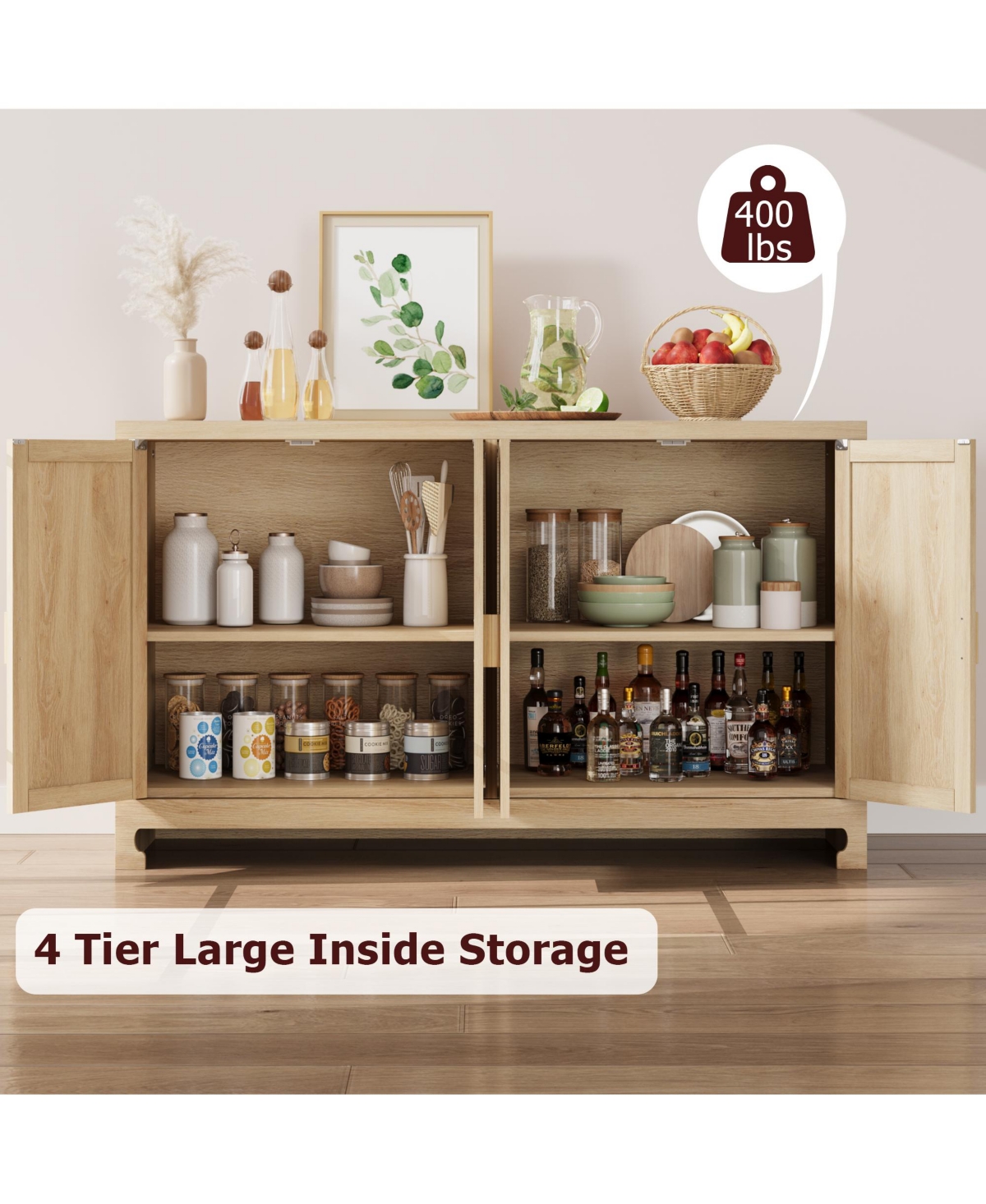 homfan Modern 4-Door Rattan Sideboard, Wooden Accent Buffet Cabinet with Ample Storage for Entryway, Living Room and Dining