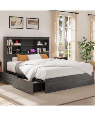 51" Tall Storage Headboard Bed Frame – Wood Platform with 4 Drawers, Built-in Charging Station, Metal Frame, Noise-Free, Farmhouse Style