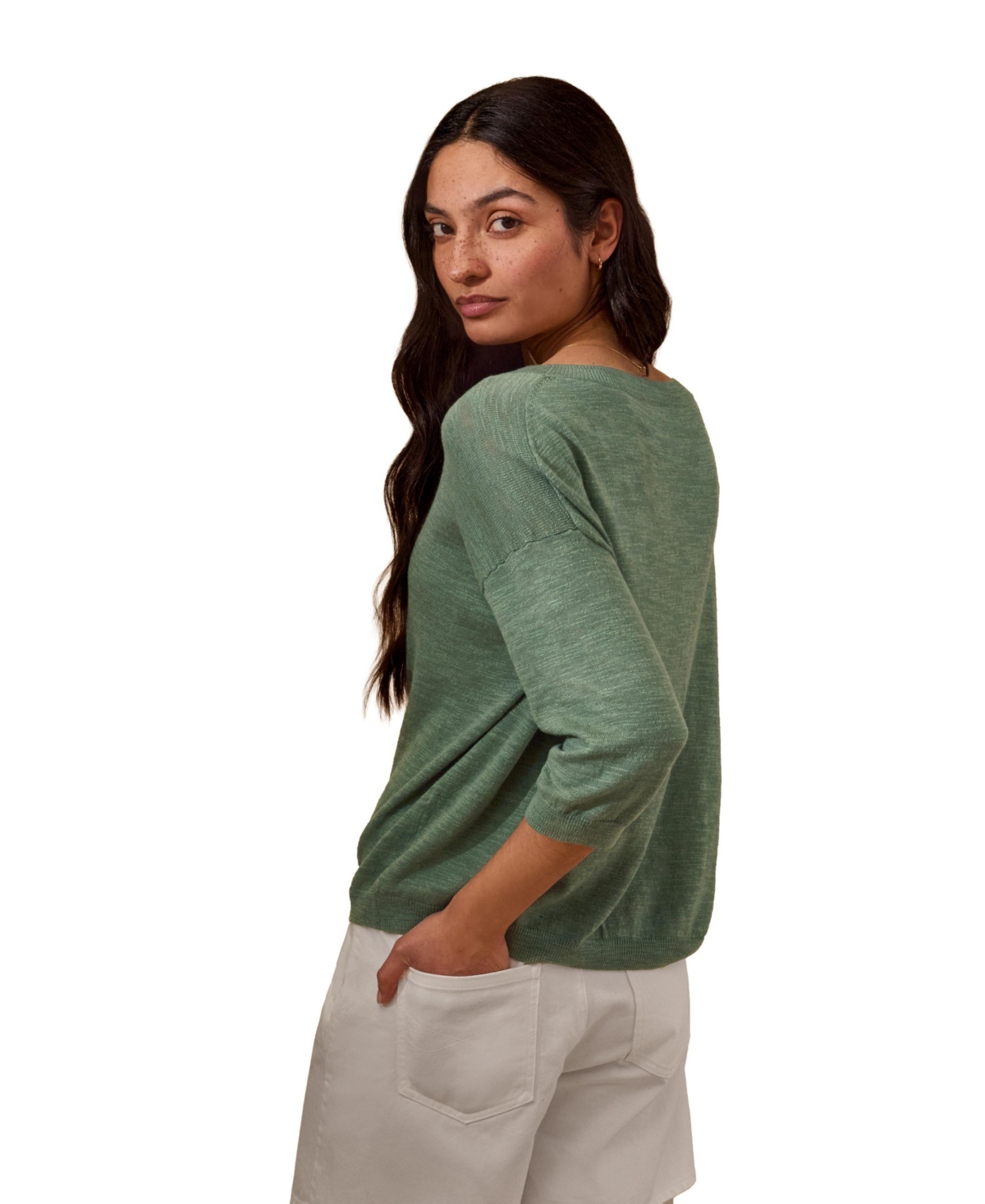 Celtic & Co. Women's 3/4 Sleeve Linen Blend Crew Neck Top