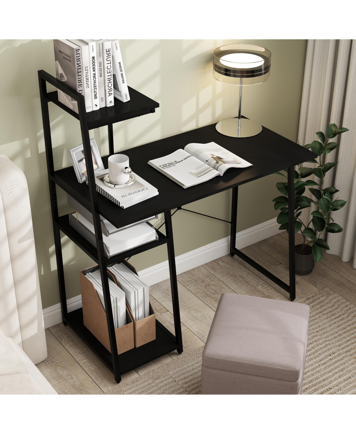 Gymax Home Office Desk Pc Laptop Workstation with Bookshelf Host Stand Metal Frame