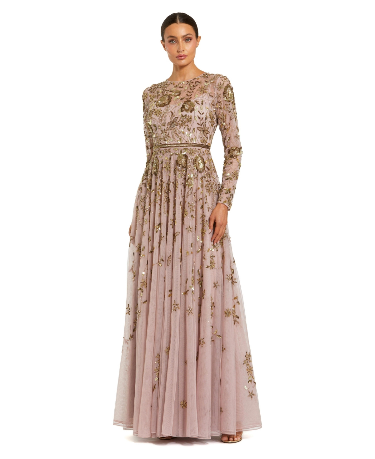 Mac Duggal Women's Long Sleeve Mesh Floral Embellished Gown