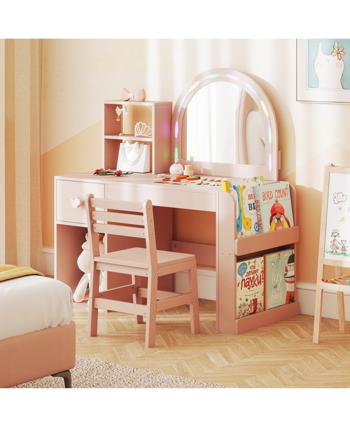 Gymax Kids Vanity Desk with Lights Open Bookshelf Storage Drawer Compartment and Shelves