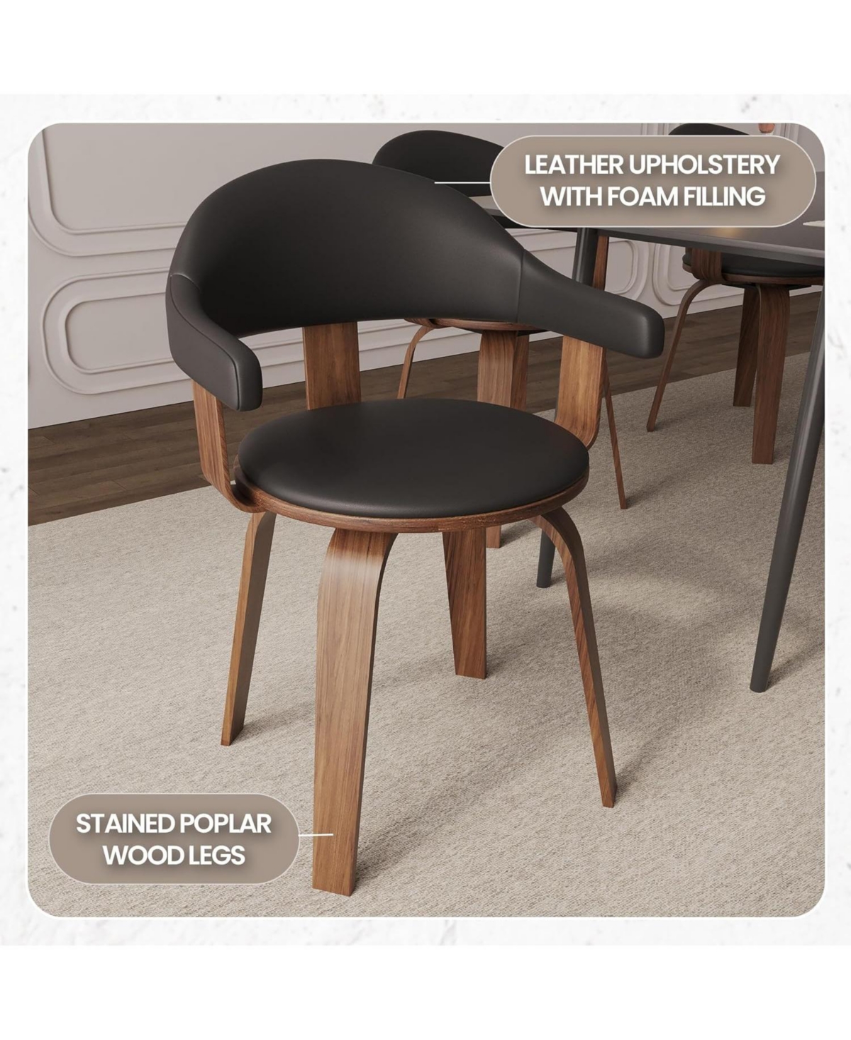 LeisureMod Brivo Upholstered Dining Chair with Swivel, Leather and Poplar Wood Frame, Open-Back Design Armrests for Modern, Kitchen