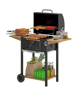Large Charcoal BBQ Grill with Thermometer, Wheels and Side Shelves
