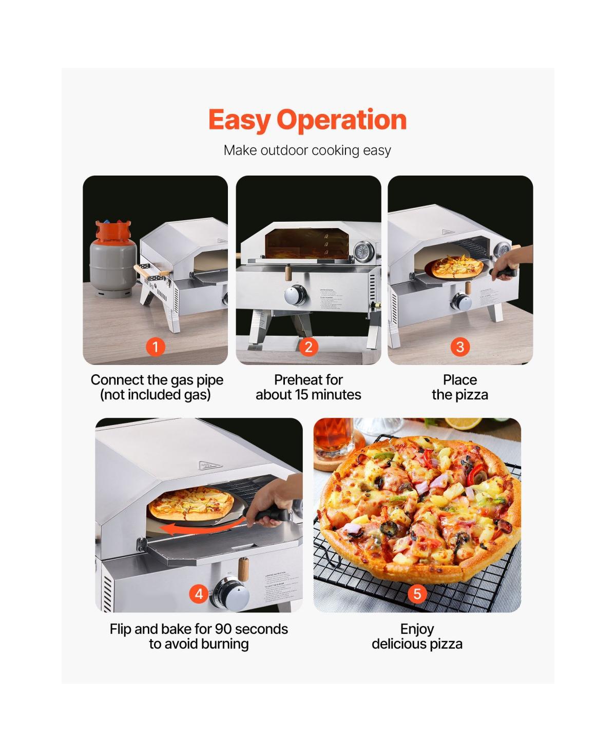 Asagikoiai Outdoor Portable Stainless Steel Gas Pizza Oven with Thermometer and Cordierite Stone