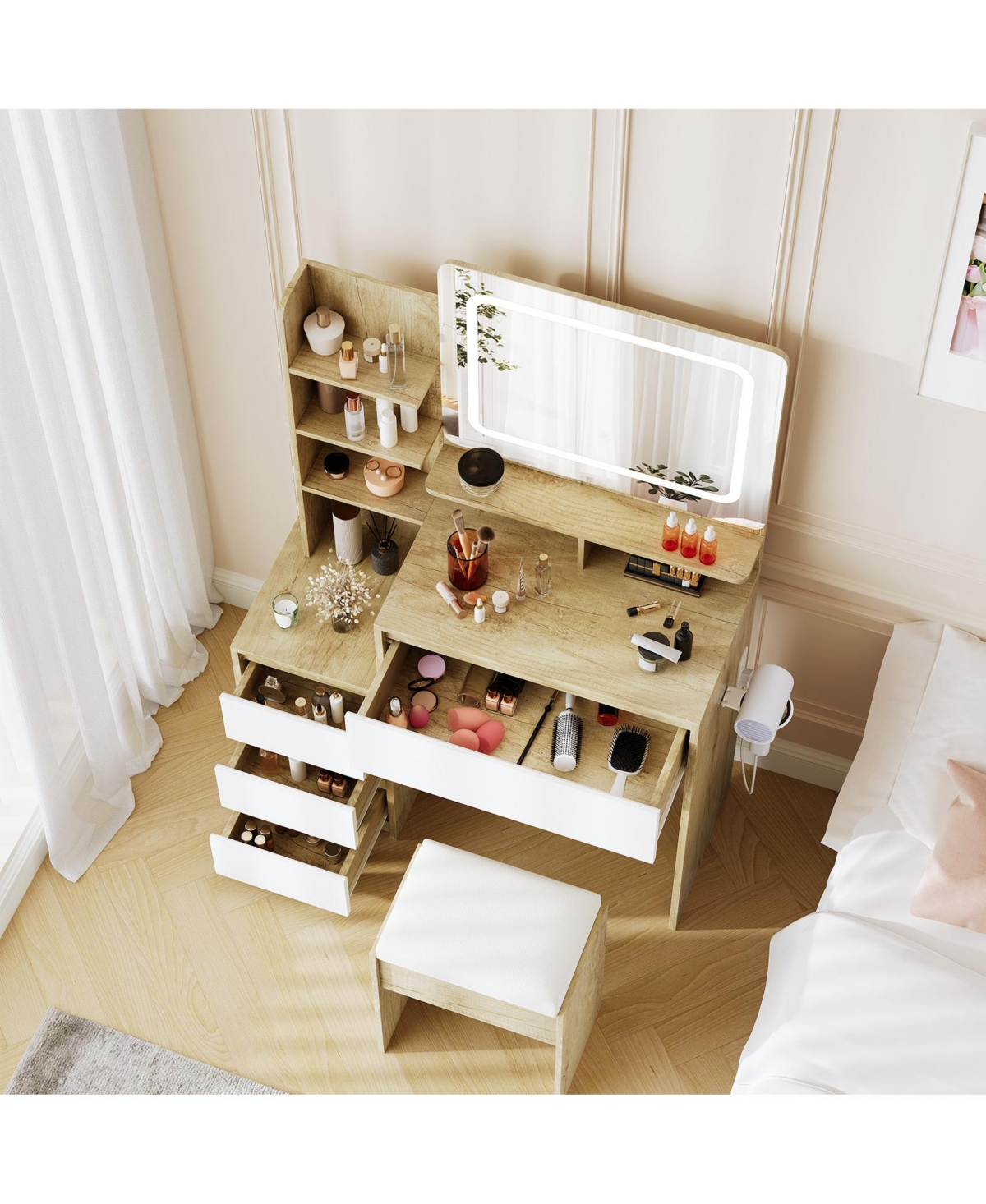 gaomon Lighted Vanity Mirror Desk with Adjustable Led Lights, 4 Drawers, Charging Station, Matching Stool and Large Hd Mirror, Makeup Vanity Desk