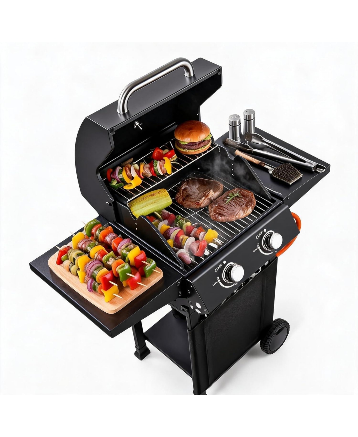 Xo 16000 Btu 2 Burner Propane Gas Griddle Convertible Stand/Tabletop with Weather-Resistant Hood for Backyard Camping