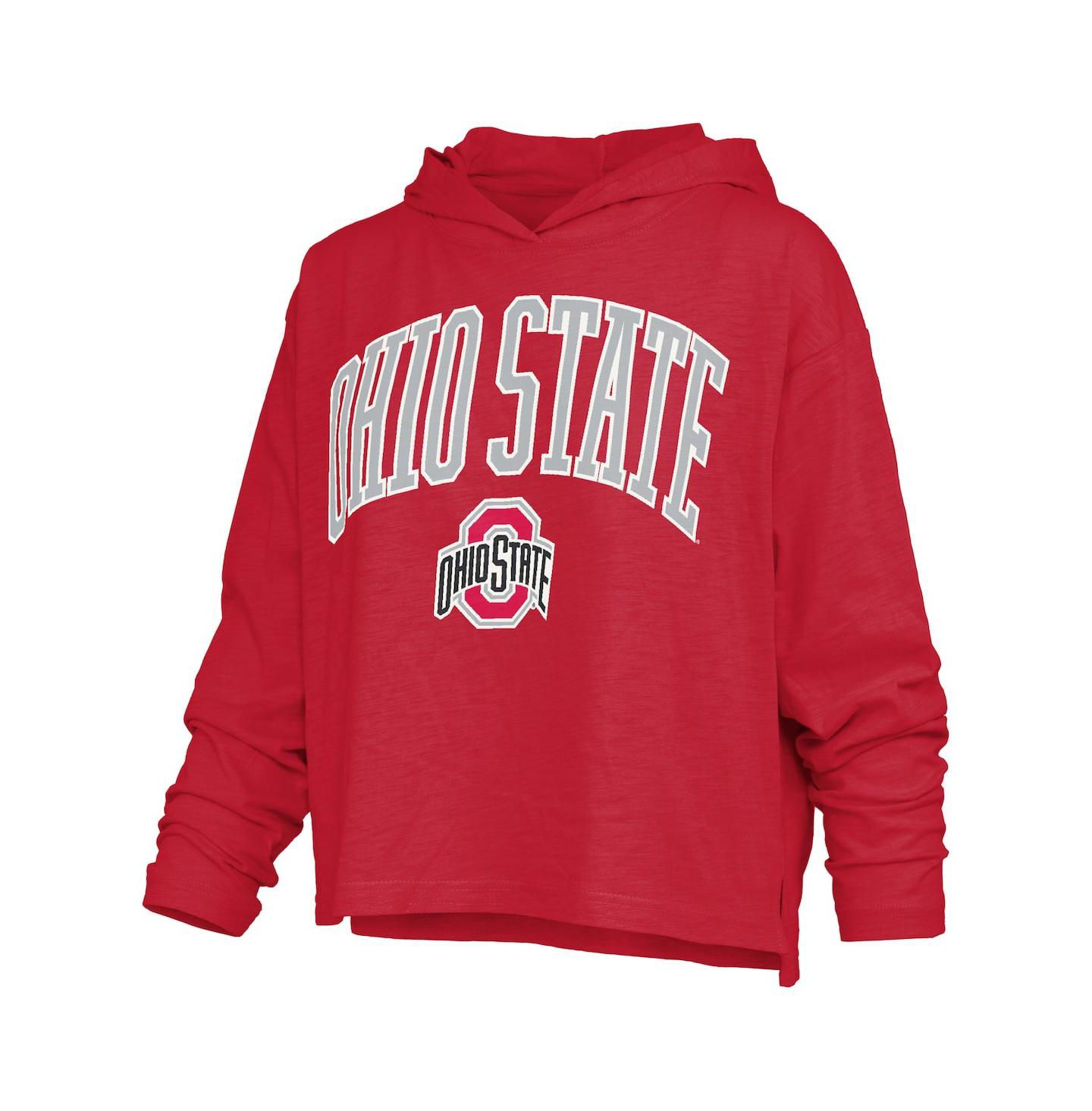 Женская футболка Pressbox Scarlet Ohio State Buckeyes Nelson Arch Over Logo Long Sleeve Hooded Slub — фото 2