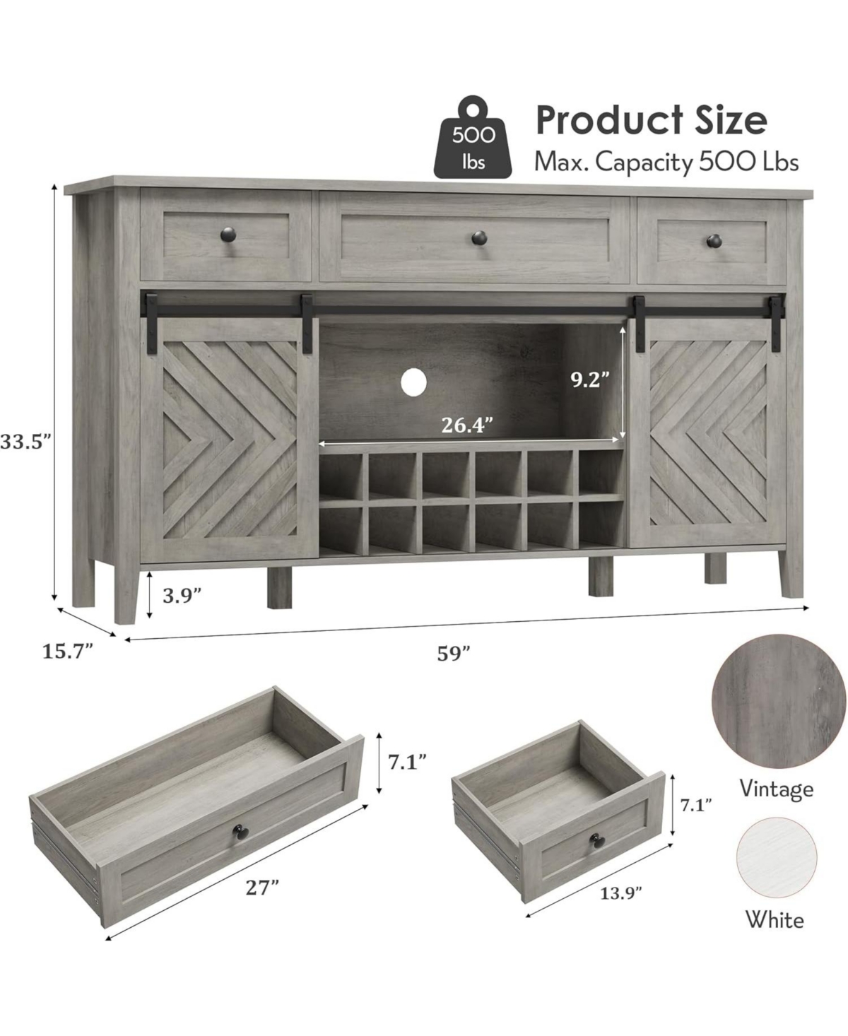 gaomon Farmhouse 59" Buffet Cabinet with Sliding Barn Door, 33.4" Tall Wood Rustic Sideboard with 3 Drawer