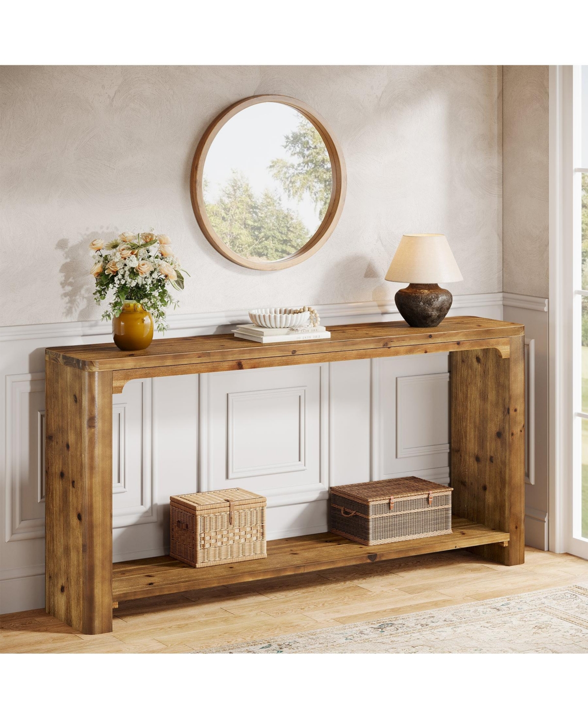 Slickblue Solid Wood Entryway Table 63 Inch with Double Storage Shelves