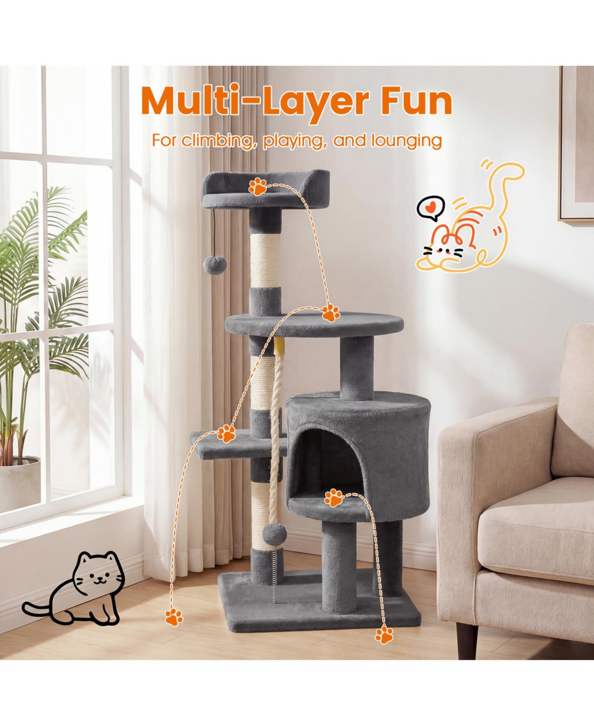 Cozito 36 inch Tall Kitten Tower with Condo and Plush Perch