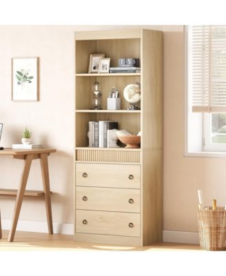 70.8" fluted 6-tier bookcase with drawers, open shelves, and woven design-ideal storage cabinet for living room organization.