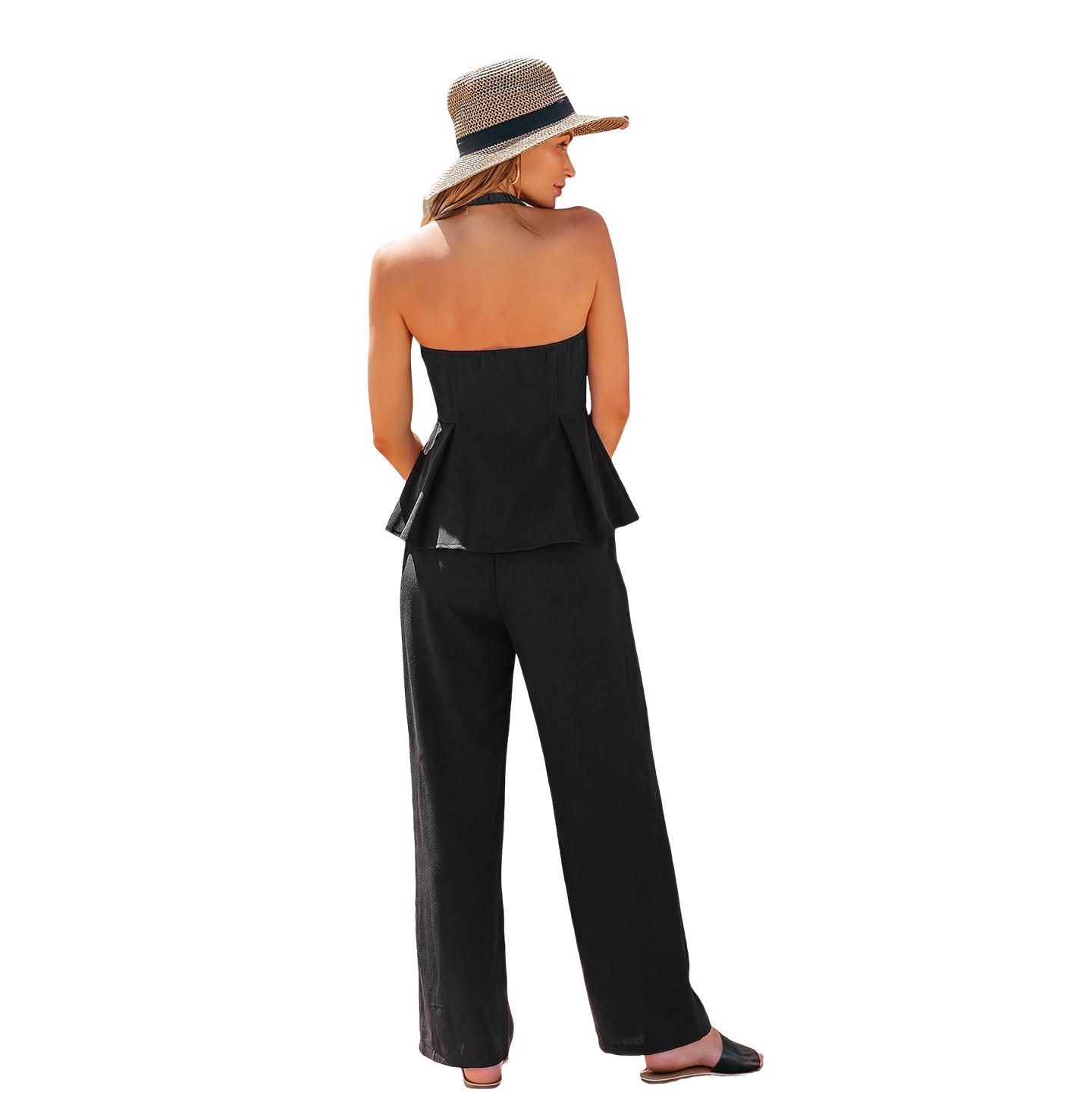 Женские комплекты Cupshe Halter Button-Front Peplum Top and Straight-Leg Pants Matching Set, цвет: Чёрный — фото 2
