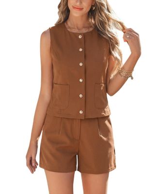 Women's Button-Down Sleeveless Vest Top and High-Waisted Shorts Outfits