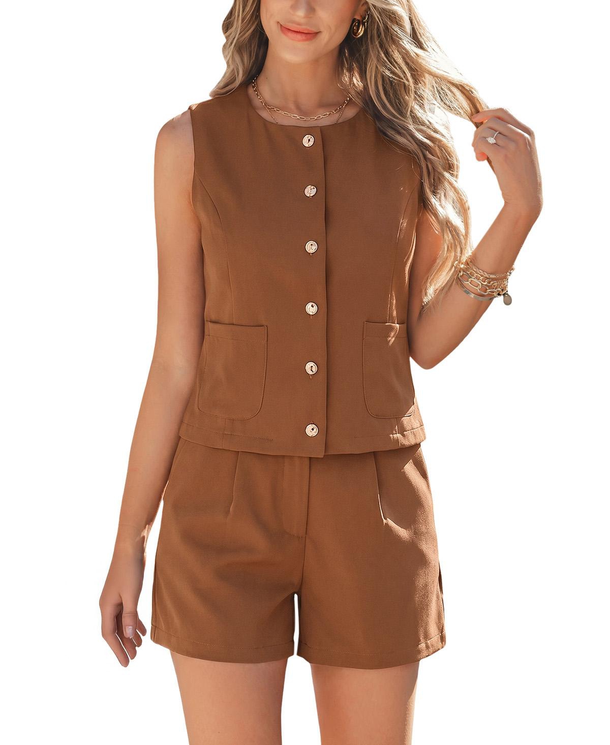 Cupshe Women's Button-Down Sleeveless Vest Top and High-Waisted Shorts Outfits