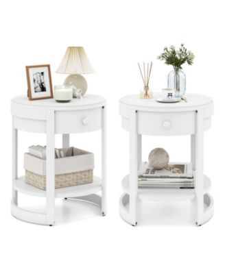 2-Piece Nightstand with Shelf and Wood Grains Drawer Round End Table for Living Room