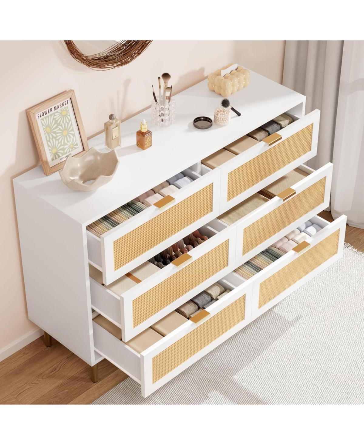 gaomon Rattan 6 Drawer Dresser with Gold Legs & Handles, Wide Wood Storage Cabinet