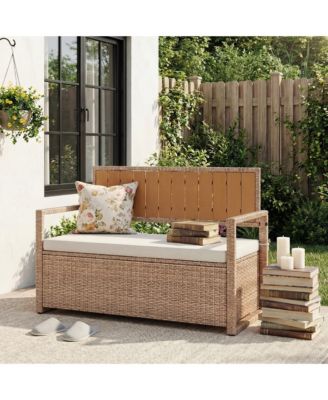 Outdoor Storage Bench with Cushion, 2-Person All-Weather PE Rattan Patio Bench with Backrest and Armrests