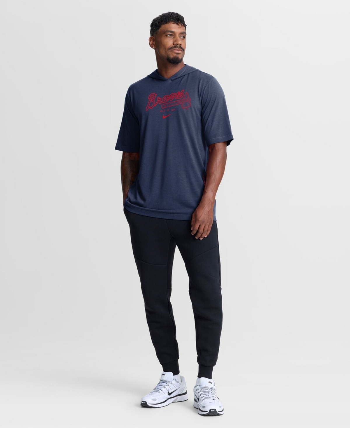 Nike Men's Navy Atlanta Braves Arched Wordmark Tri-Blend Hooded T-Shirt