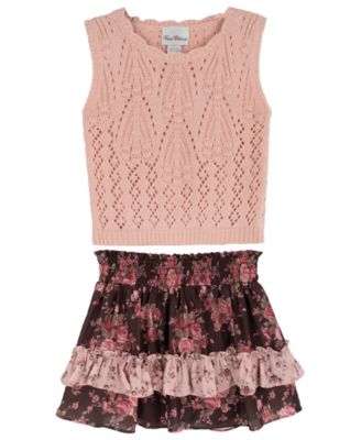 Girls' 7-16 Floral Crochet Sweater Vest and Tiered Skort, 2-Piece Set
