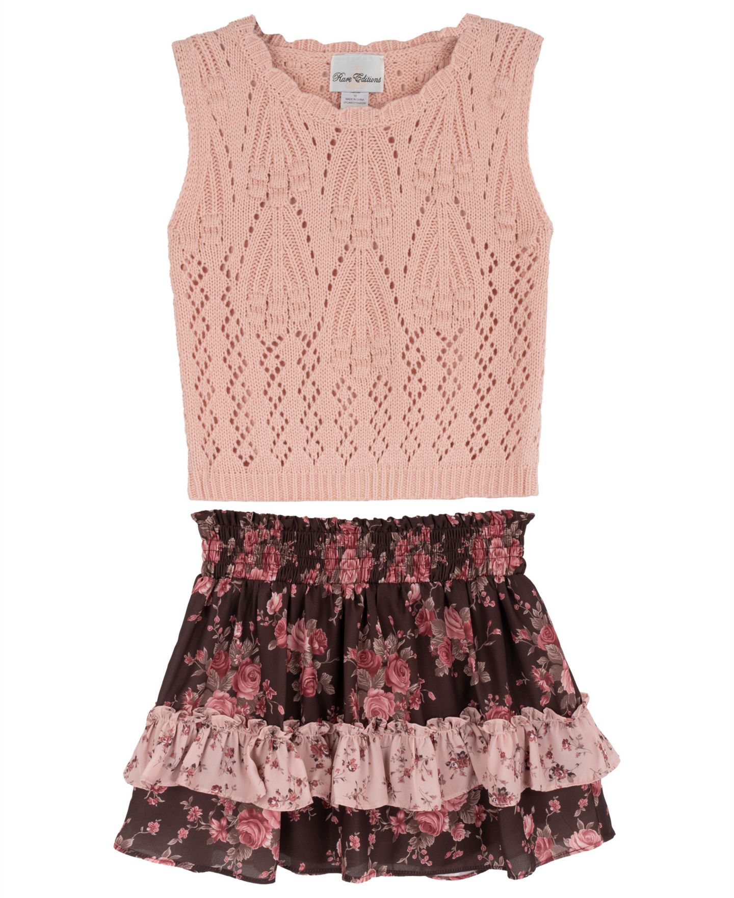 Комплект Rare Editions Floral Crochet Sweater Vest and Tiered Skort, 2-Piece Set для девочек, цвет: Пудровый — фото 1