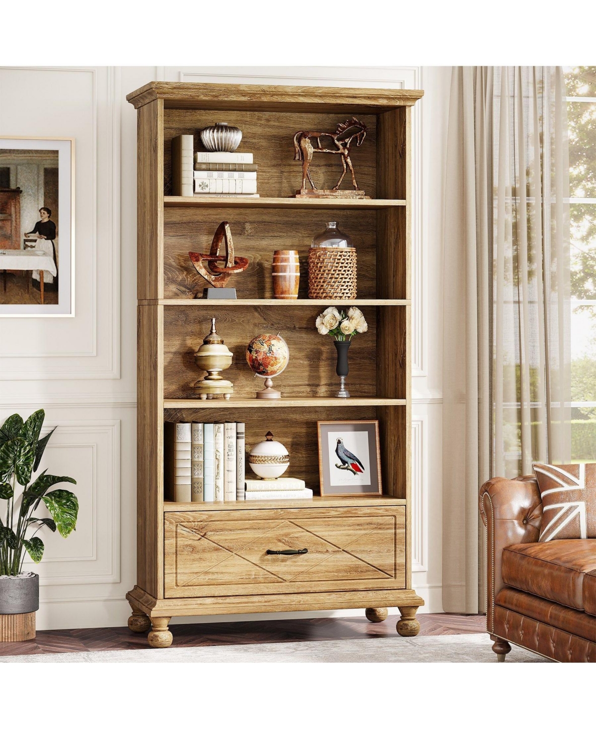 Slickblue 5 Shelf Bookcase with Drawer 71 Inch Bookshelf Wood Legs