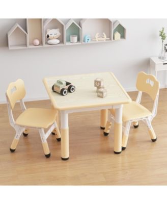 Height Adjustable Toddler Table with 2 Chairs, Graffiti Tabletop Design, Multi-use Kids Play Furniture for Reading, Drawing, Dining and Daily Games
