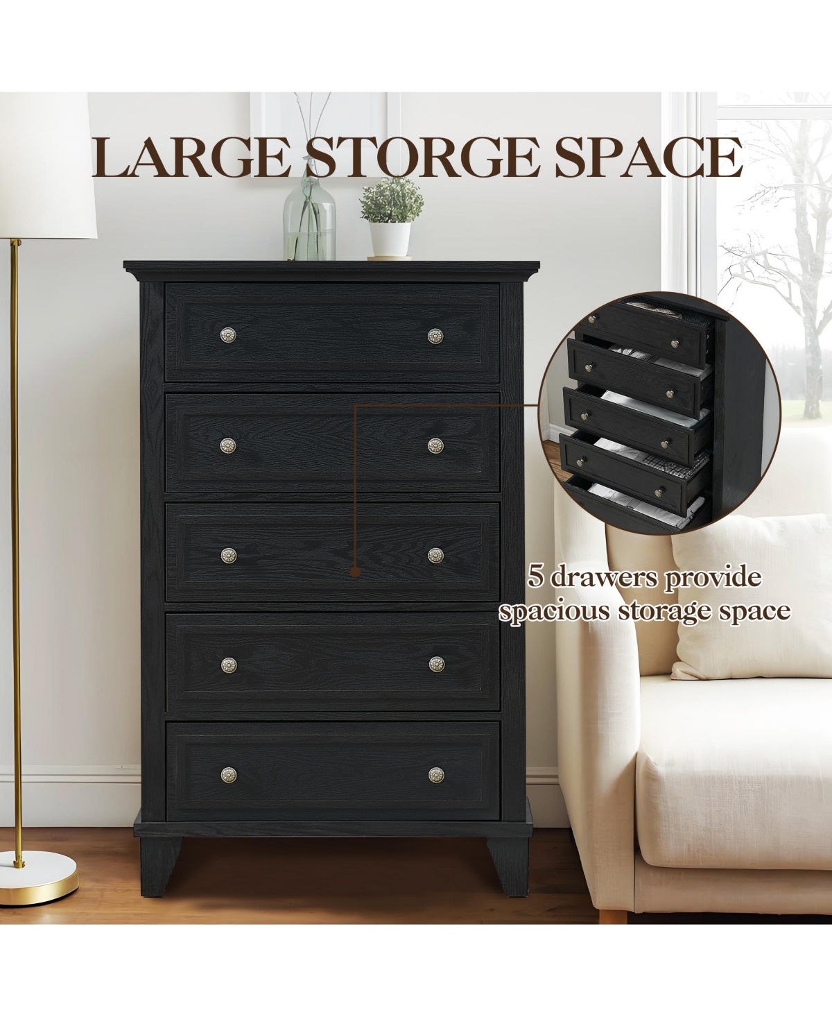 homfan 5-Drawer Tall Wooden Dresser with Anti-Tip Device and Metal Handles for Bedroom, Closet, Hallway, or Living Room