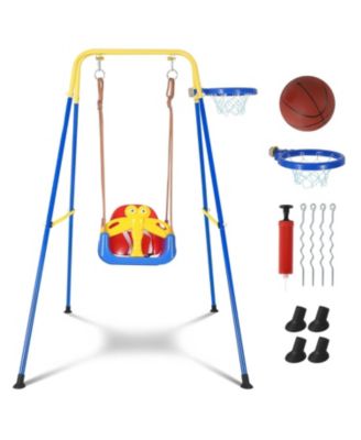 Upgraded Toddler Swing with Basketball Hoop, Baby Swing Outdoor with Detachable Design, Safety Belt, Foldable Frame for Backyard/Indoor