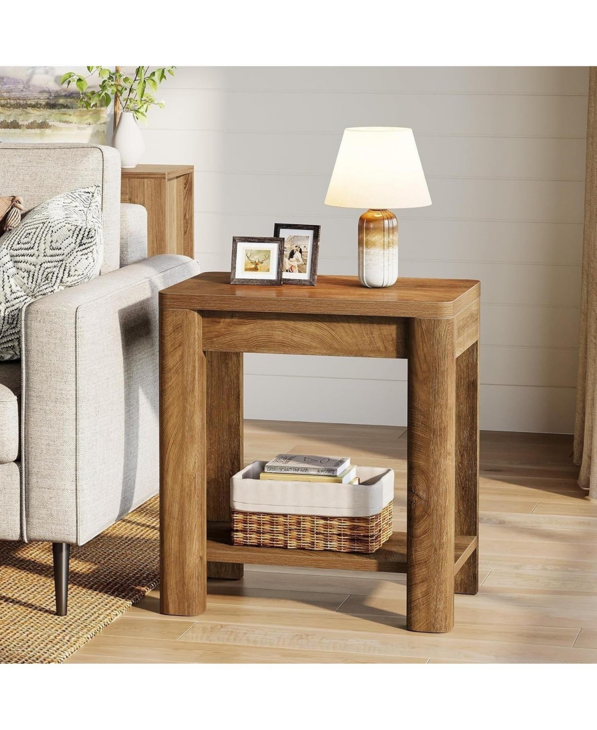 Slickblue Rustic Wood End Table with Storage for Living Room and Bedroom