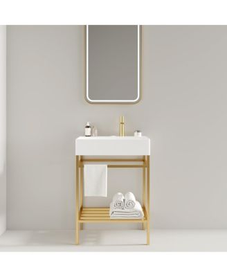 Bathroom Vanity with Ceramic Integrated Sink, Metal Storage Shelf, Modern Freestanding Cabinet for Small Spaces