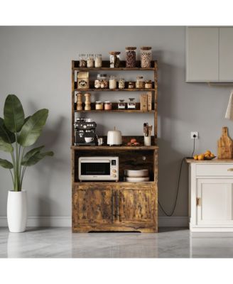 Tall 3-in-1 Bakers Rack Microwave Stand, Engineered Wood Coffee Bar with Charging Station and Multi-Storage, Easy Assembly