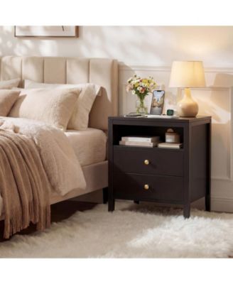 Modern Nightstand with Charging Station, 2 Drawers and Open Shelf, Metal Knobs, Set Options, Multiple Finishes and Sizes