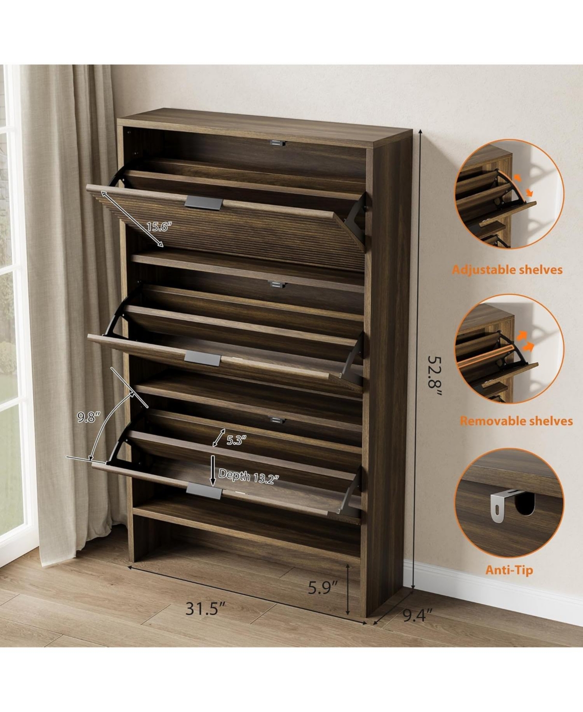 gaomon Tall, freestanding entryway shoe cabinet - built-in design with 3 flip-top drawers suitable for entryways, hallways, and living rooms.