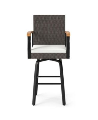 Outdoor 360 Degree Swivel Bar Stool with Cushion and Acacia Wood Armrests