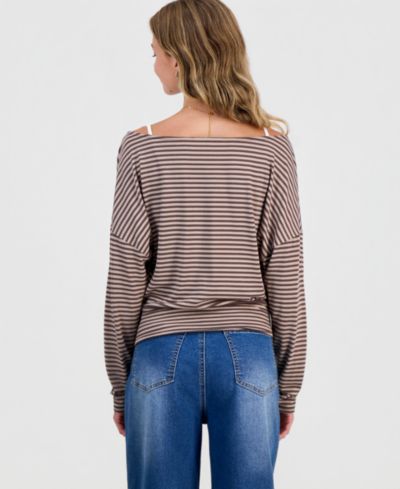Hippie Rose Juniors' Striped Layered-Look Dolman-Sleeve Top
